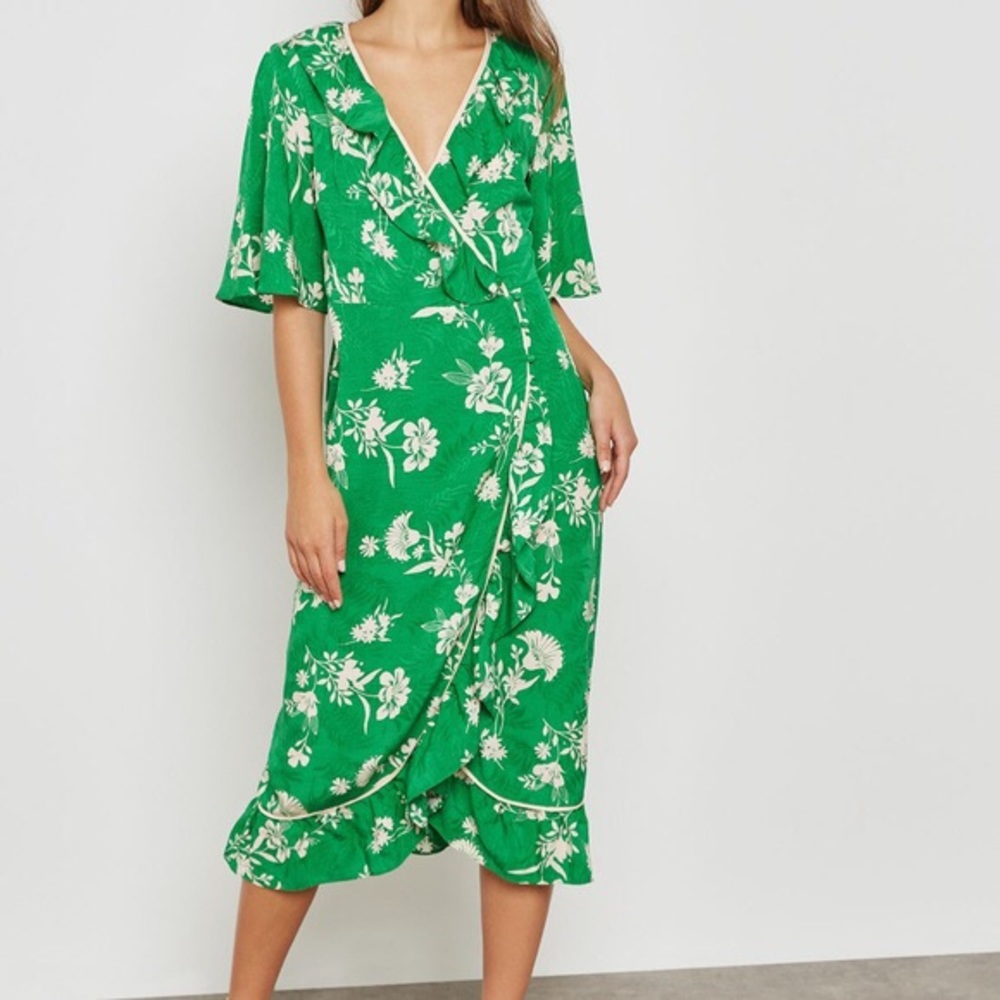 Topshop Green Floral Print Frill Midi Dress Sz. 4